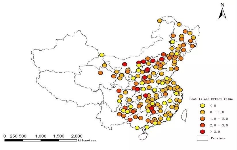 (图为中国城市热岛效应格局图)